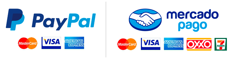 Métodos de pago: PayPal, Mercado Pago, Mastercard, Visa, American Express, OXXO, 7-Eleven